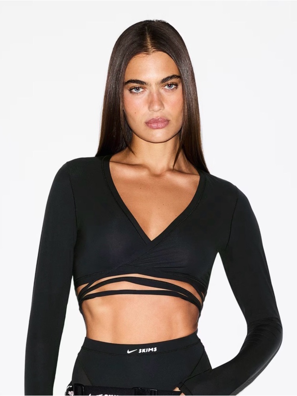 SKIMS Black Wrap Crop Top with Strappy Underbust